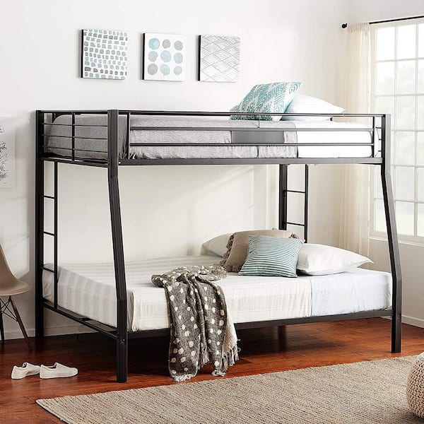 ANBAZAR Black Full XL/Queen Bunk Bed with Guardrail and 2 Build-In Ladder for Teens and Kids, Metal Bunk Bed