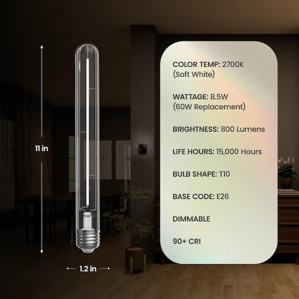 60-Watt Equivalent T10XL Dimmable Straight Thin White Filament Clear E26 Vintage Edison LED Light Bulb, Soft White 2700K