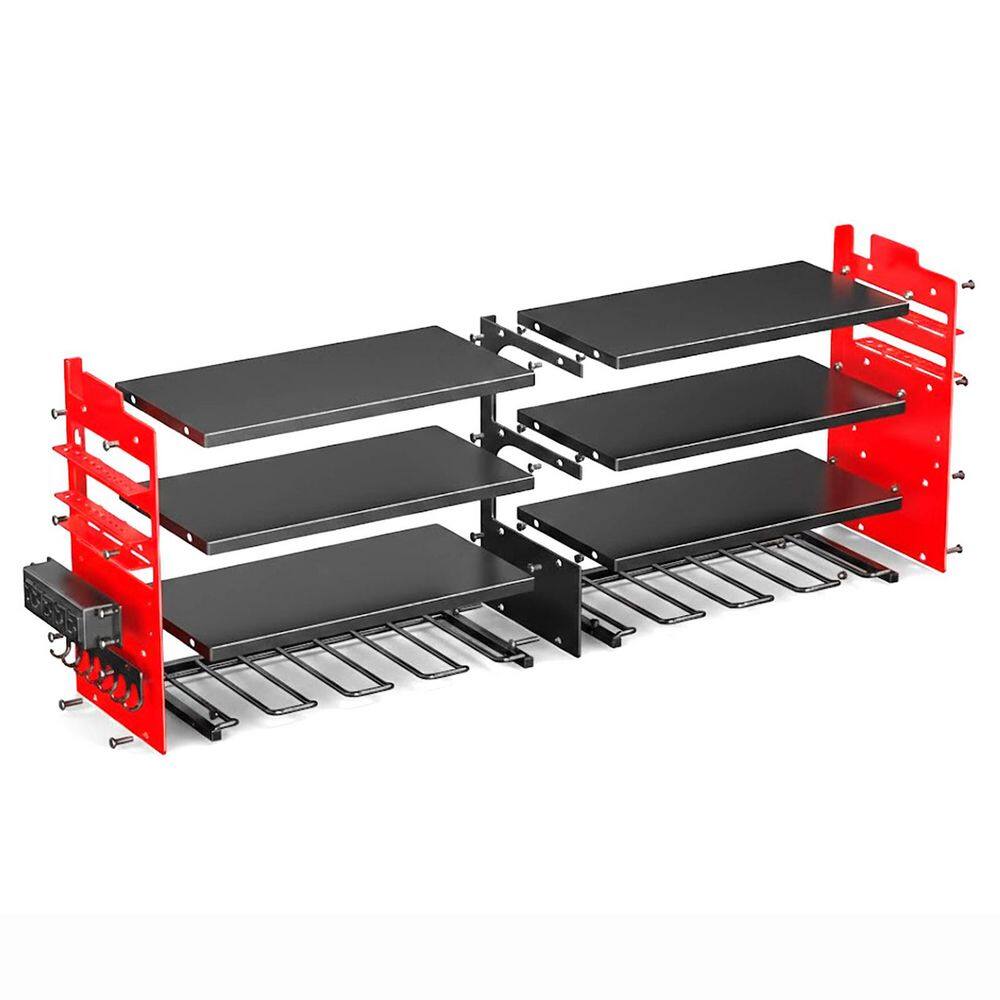 4-Tier Black Metal Garage Wall Rack with 4-Outlet Power Strip, 8 Drill Slots, Hooks, Side Racks for Tool Storage price history on PriceWatchPro