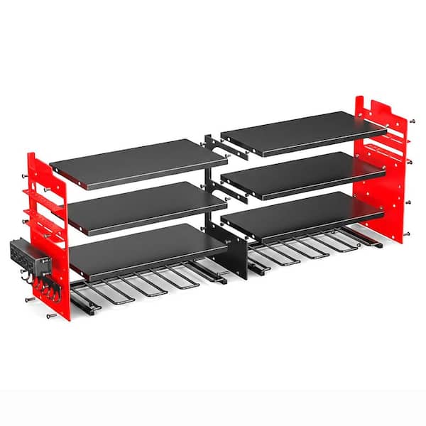 4-Tier Black Metal Garage Wall Rack with 4-Outlet Power Strip, 8 Drill Slots, Hooks, Side Racks for Tool Storage