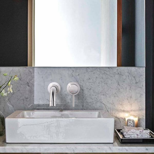 Single Handle 2-Hole Wall Mounted Bathroom Faucet with Rough-in Brass Valve in Bruhsed Nickel