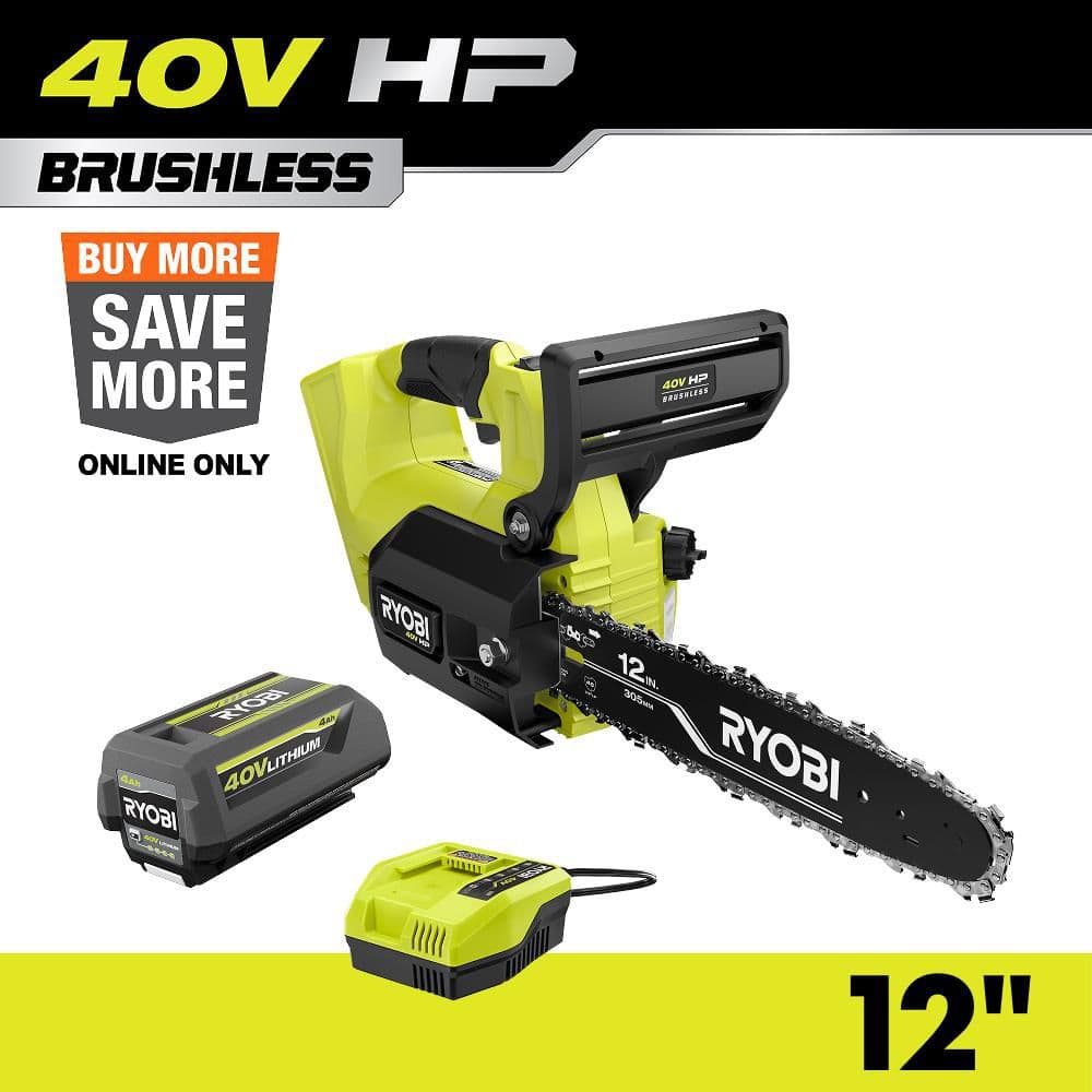 RYOBI 40V HP Brushless 12 in. Top Handle Battery Chainsaw with 4.0