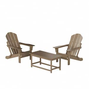 Laguna 3-Piece Fade Resistant Outdoor Patio HDPE Poly Plastic Folding Adirondack Chair Set, Coffee Table, Weathered Wood