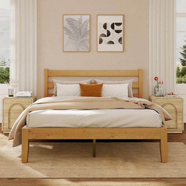 Mid Century Pine Natural Brown Solid Wood Frame Queen Size Platform Bed with Headboard