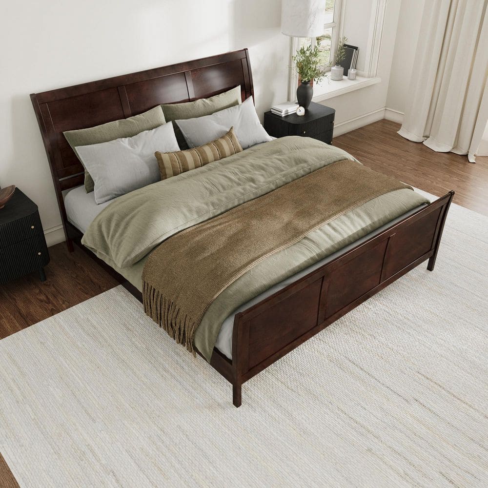 Valencia Walnut King Sleigh Platform Bed with Wood Headboard