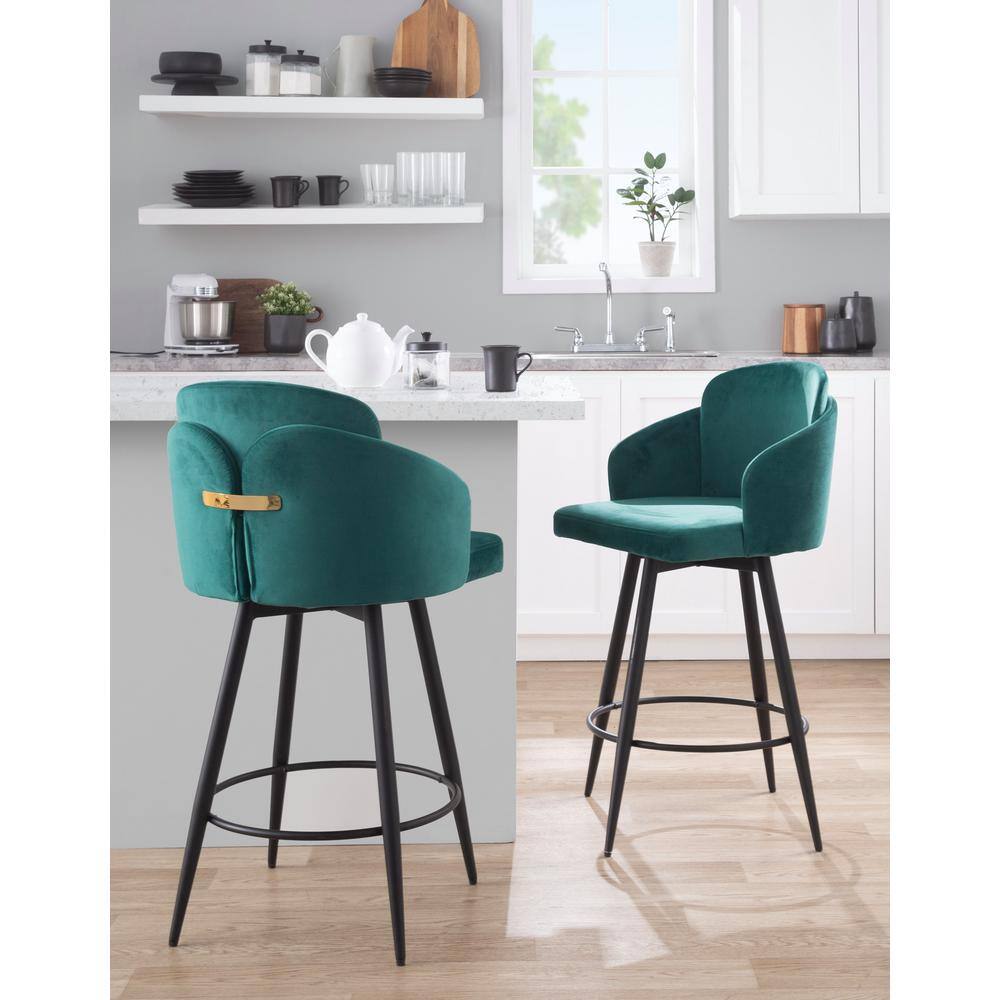 Dahlia Green Velvet Swivel Counter Stools with Metal Legs, Set of 2