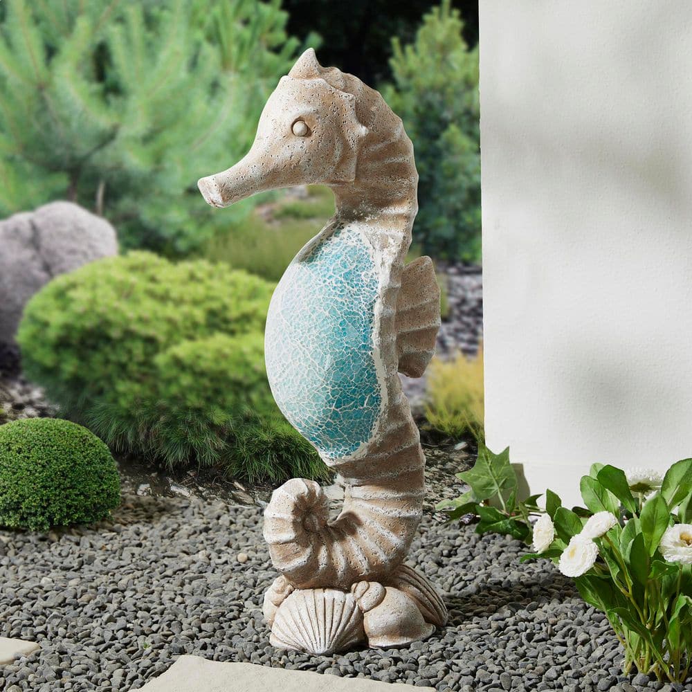 Glitzhome 21 in. H MGO Marine Faux Granite and Mosaic Sea Horse