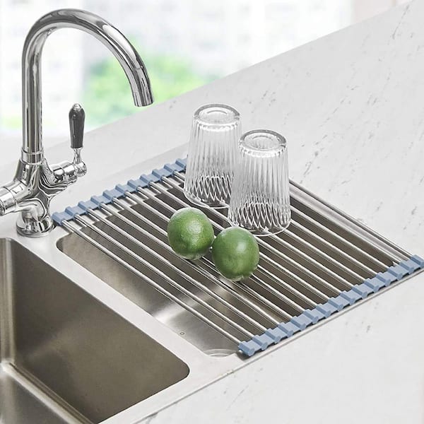 Stainless Steel Roll Up Dish Drying Rack, Over The Sink Foldable Dish Drainer for Sink Counter Storage 17.5 x 11.8 in.