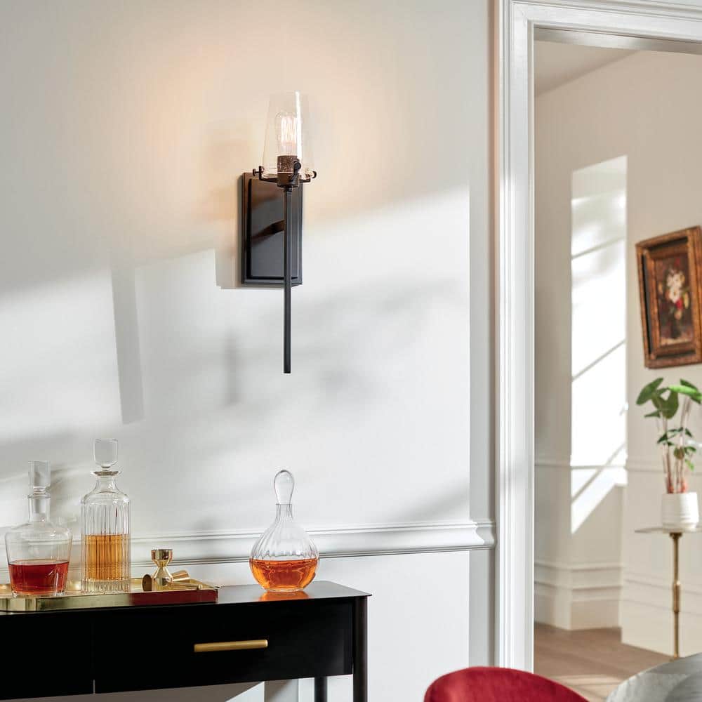 Alton 1-Light Black Bathroom Wall Sconce Light with Clear Seeded Glass Shade price history on PriceWatchPro