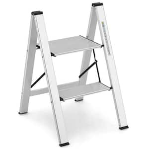 Folding 2-Step 8.17 ft. Reach Aluminum Step Stool, 330 lbs. Load Capacity in Silver