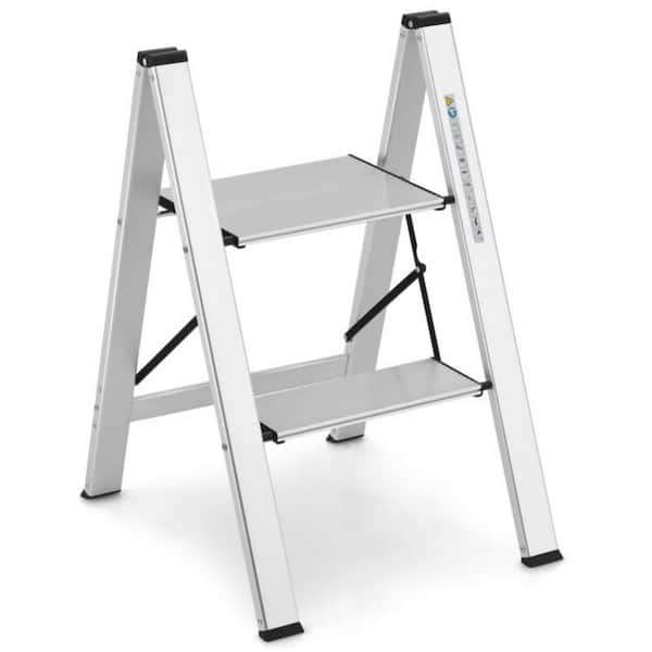 WELLFOR Folding 2-Step 8.17 ft. Reach Aluminum Step Stool, 330 lbs. Load Capacity in Silver