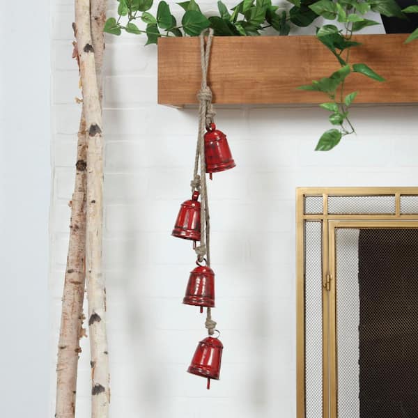 Litton Lane Red Metal Tibetan Inspired Cylindrical Decorative Cow Bells with 4 Bells on Jute Hanging Rope
