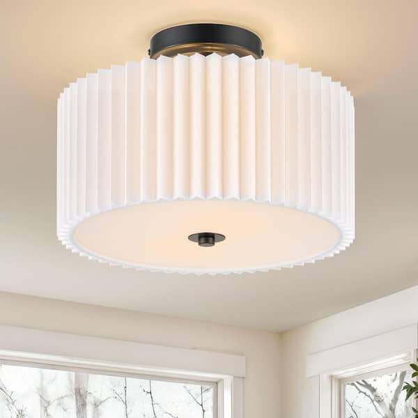12.2 in. 2-Light Matte Black Semi-Flush Mount Ceiling Light with Pleated Drum Shade