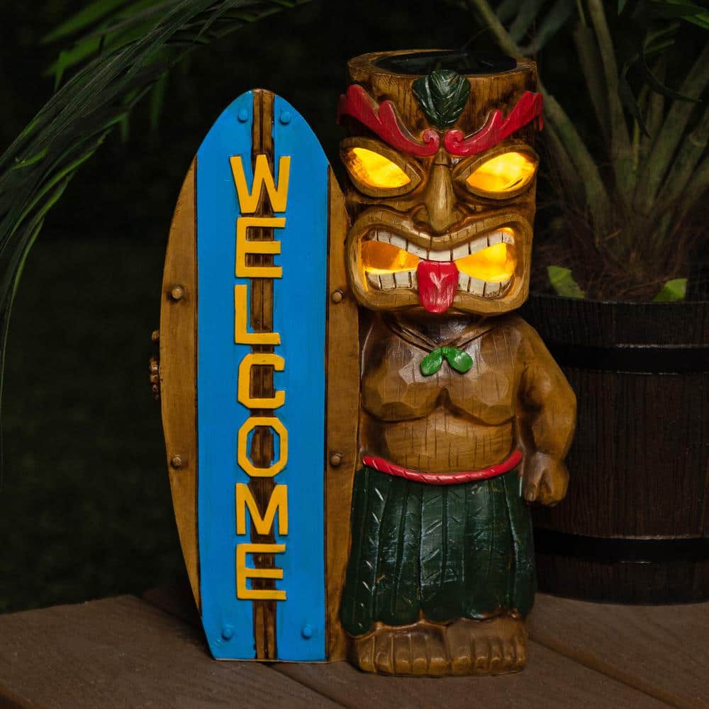 Solar Tiki Statue with Welcome Surfboard and LED Lights