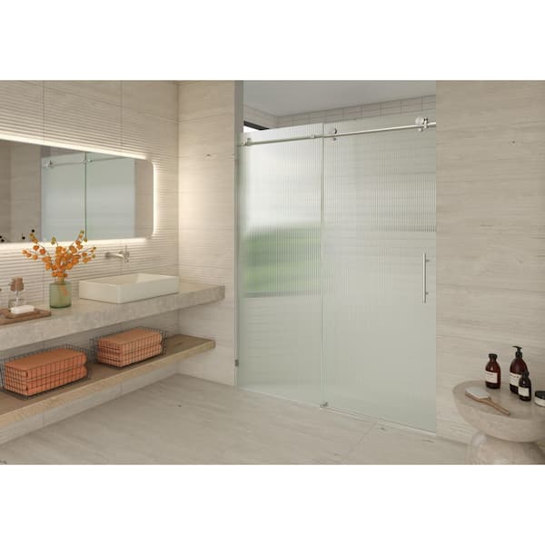 Galaxy 56 in. To 60 in. W x 78 in. H Frameless Sliding Shower Door in Brushed Nickel with Fluted Glass