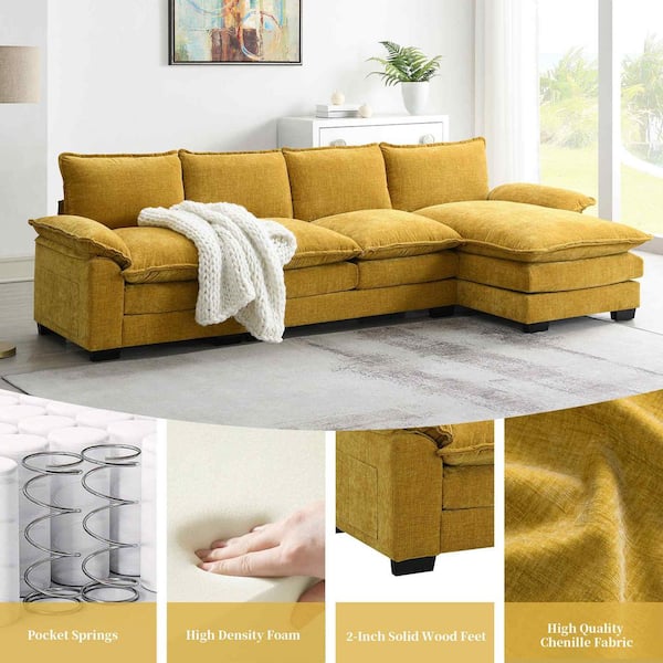 118 in. Square Arm Chenille L-shaped Sofa with Double Seat Cushions in. Ginger