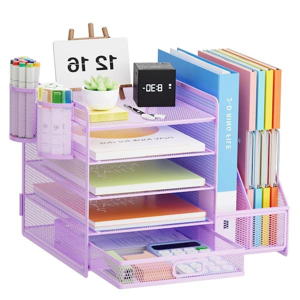 Purple 13.8 in. x 11 in. Metal Desk Organizers with File Holder and 2 Pen Holders