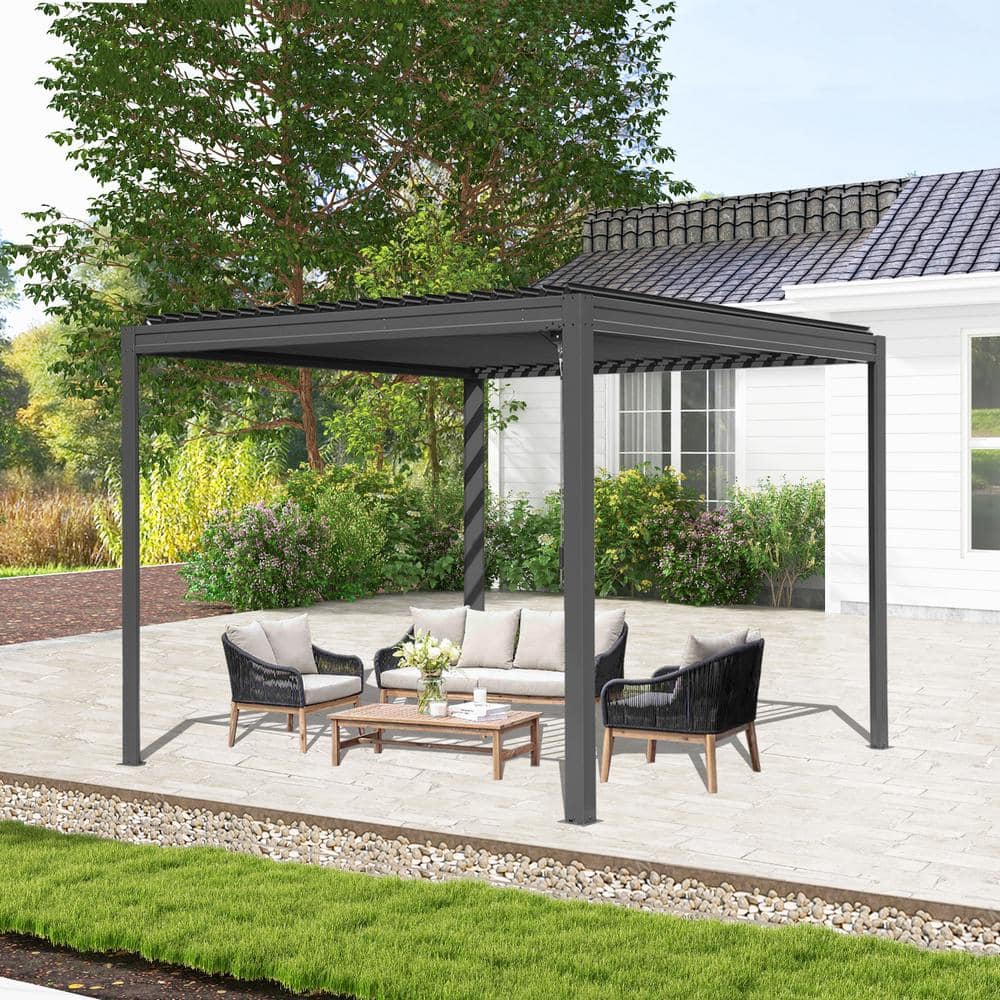 Gray Aluminum Louvered Pergola with Adjustable Roof, 10x13 ft