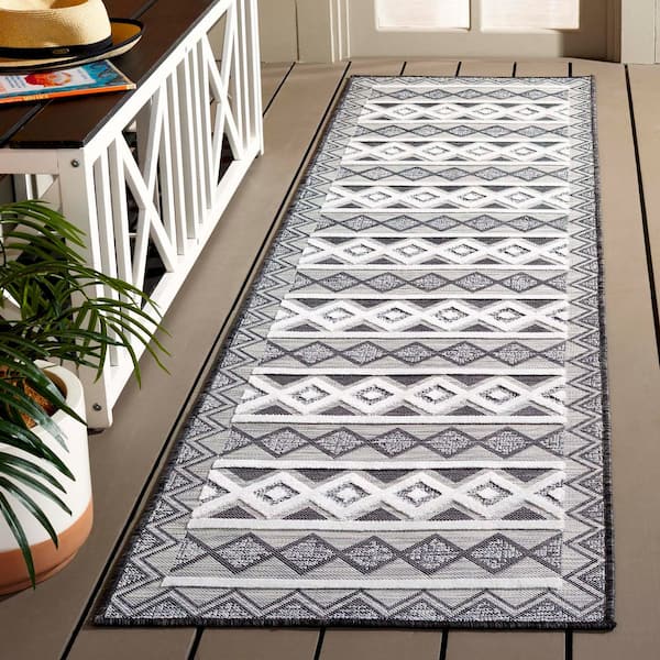 Cabana Black/Gray Ivory 2 ft. x 8 ft. High-Low Striped Diamond Indoor/Outdoor Runner Rug