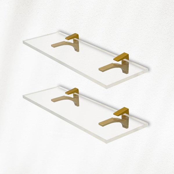 Fab Glass and Mirror 6 in. W. x 0.75 in. H x 16.5 in. D Floating Wall Mounted Clear Acrylic Rectangular Shelf in Brass Brackets Pack of 2