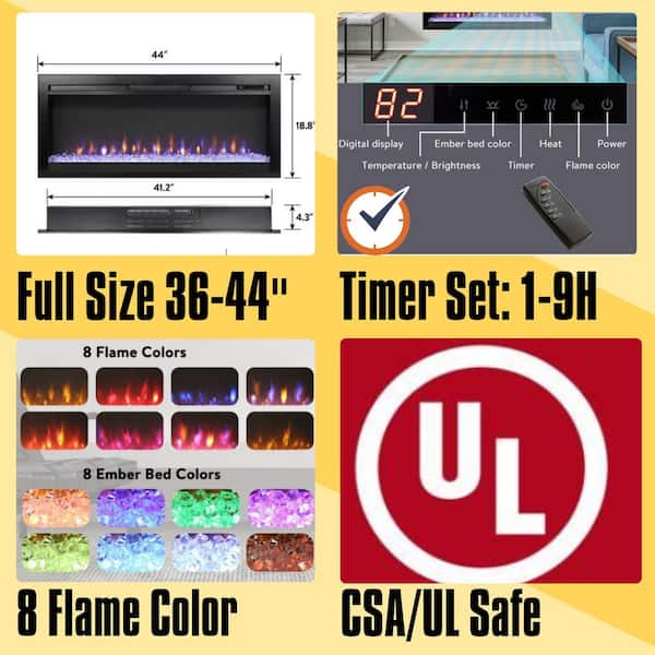 44 in. W x 18.8 in. H Wall Mounted Ultra Electric Fireplace Insert with Remote, Multi-Color Flame
