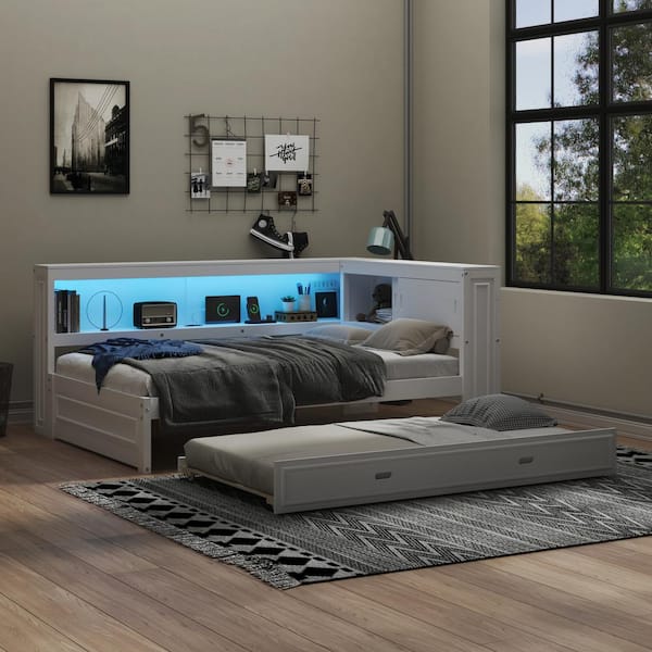 White Wood Frame Full Size Daybed with Trundle, Storage Shelves and USB Ports