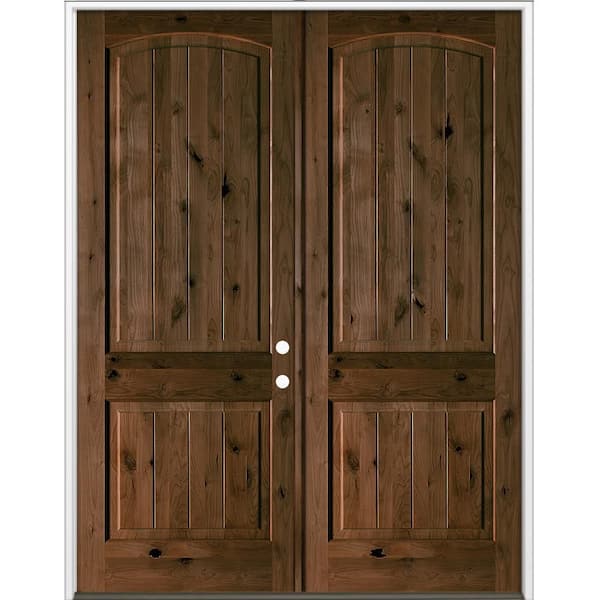 72 in. x 96 in. Rustic Knotty Alder Arch Top VG Left-Hand/Inswing BEHR Espresso Stain Double Wood Prehung Front Door