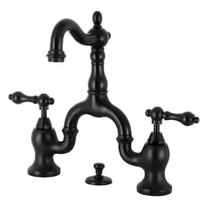 English Country Bridge 8 in. Widespread 2-Handle Bathroom Faucet with Brass Pop-Up in Matte Black