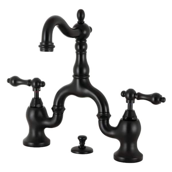 Kingston Brass English Country Bridge 8 in. Widespread 2-Handle Bathroom Faucet with Brass Pop-Up in Matte Black