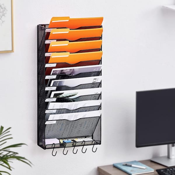 Hanging Wall Files Organizer, 10-Tier Vertical Wall File Holder, Metal Wall Mounted Magazine Rack Storage Folder