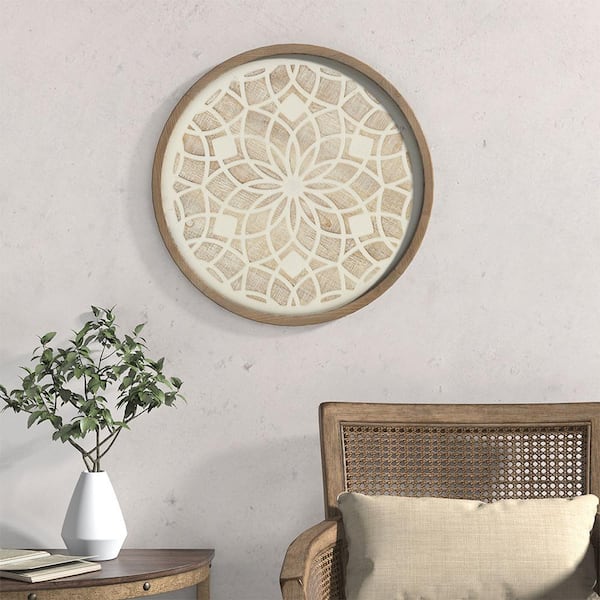 Unbranded Stylish Boho Inspired 1-Piece Natural Framed Art Print Round 2-Tone Medallion Wall Decor 27 in. x 27 in.