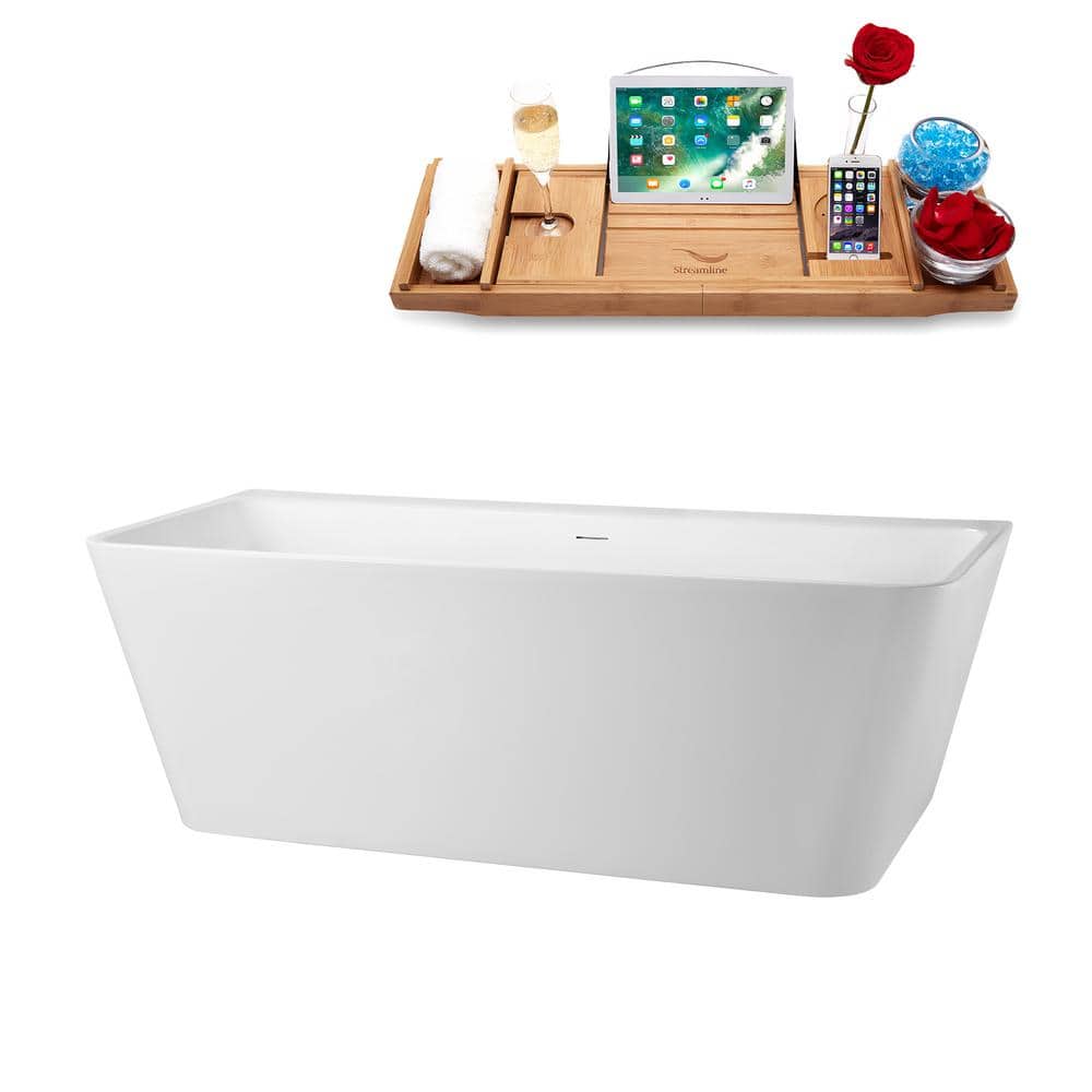 67" Glossy White Acrylic Freestanding Soaking Tub with Bamboo Tray