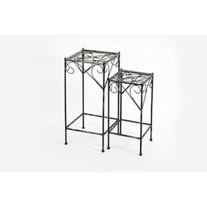 Celtic Clover 21.06 in., 26.18 in. Black/Gold Square Cast Metal Indoor Plant Stand (Set of 2)