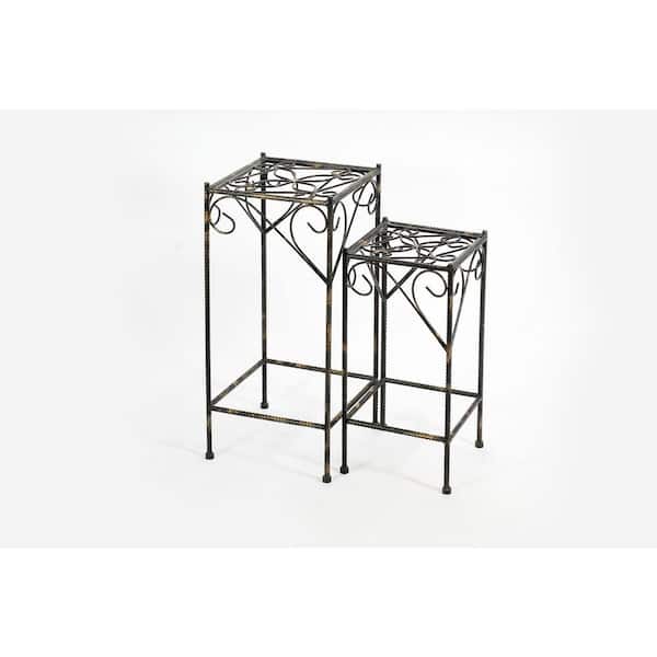 ORE International Celtic Clover 21.06 in., 26.18 in. Black/Gold Square Cast Metal Indoor Plant Stand (Set of 2)