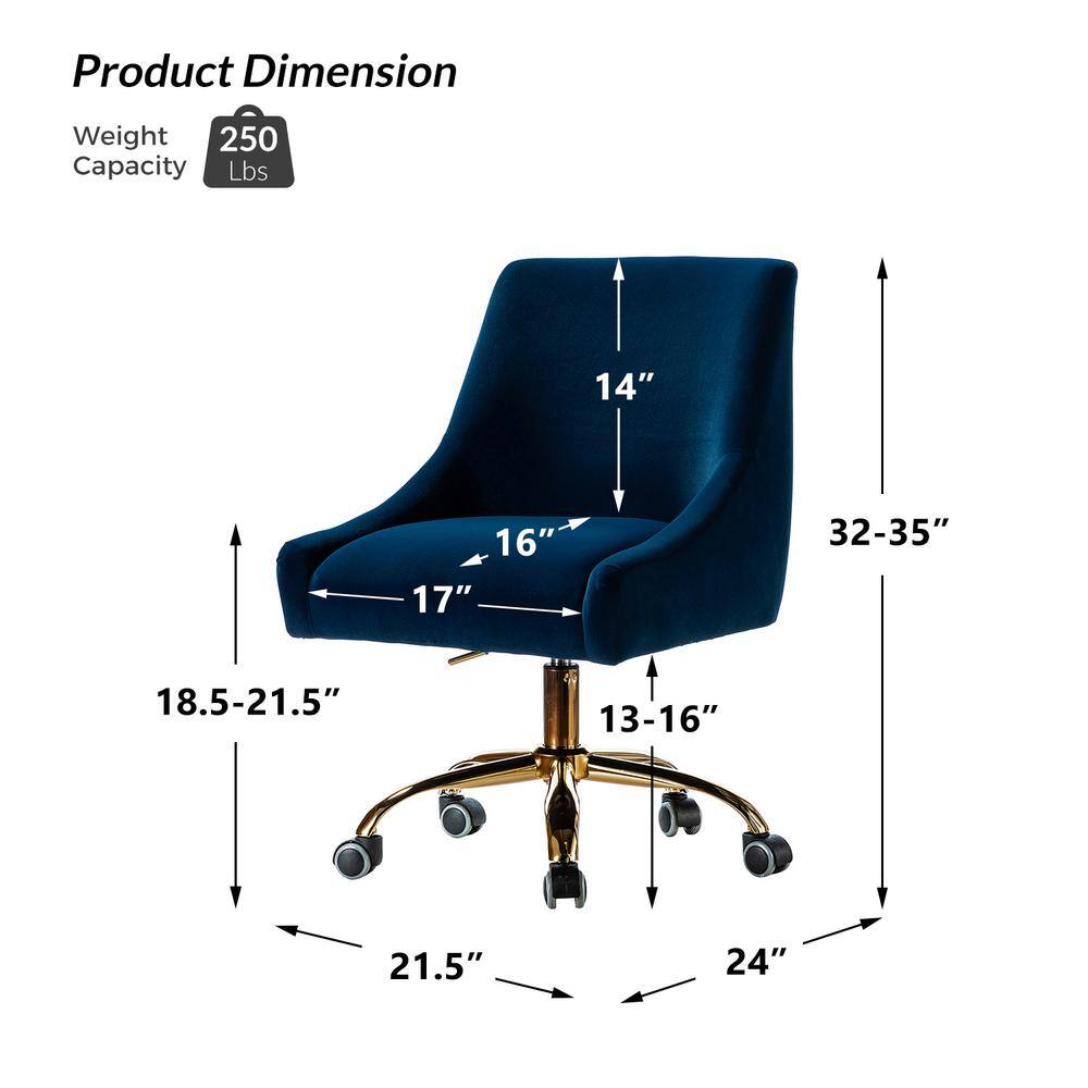 Navy Velvet Swivel Task Chair with Adjustable Height and Metal Base
