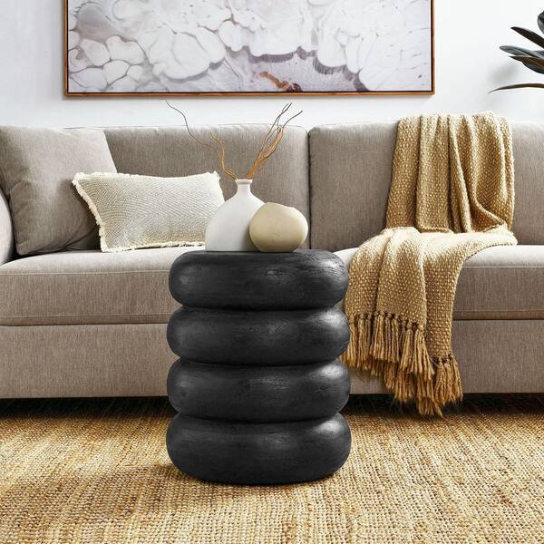 Ellery 17 in. Curved Stacked Side Table in Wirebrush Black – Round Wood End Table for Living Room or Bedroom