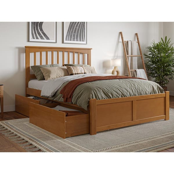 AFI Mission Light Toffee Natural Bronze Solid Wood Frame Full Platform Bed with Footboard and Storage Drawers