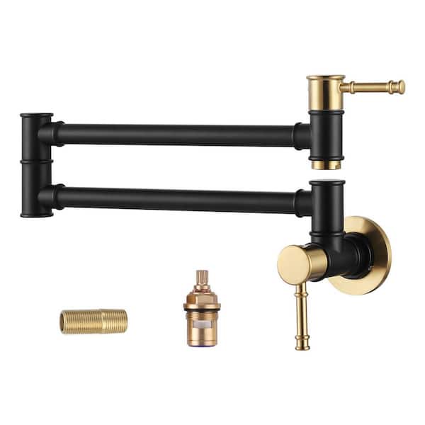 23.5 in. Wall Mount Folding Stretchable Pot Filler Faucet with Double Handle in Gold and Black