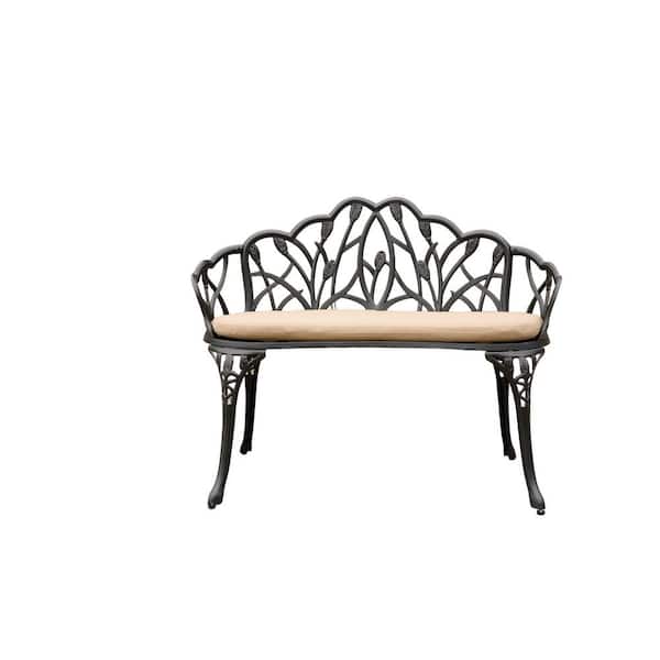 Unbranded Tulip Floral Cast Aluminum Outdoor Garden Bench with Brown Cushion-Patio Furniture for Garden, Yard, Park, Porch