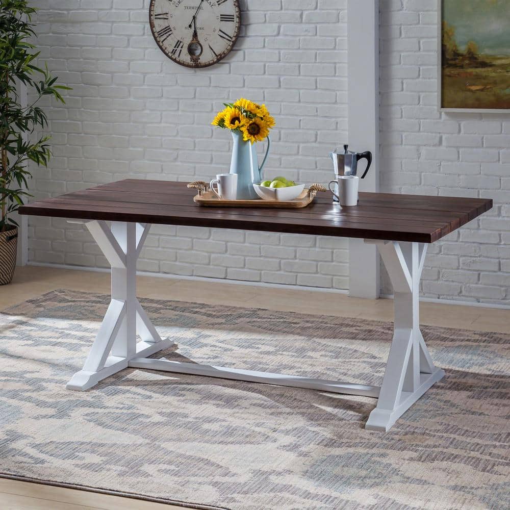 Rustic Dark Brown and White Acacia Wood Outdoor Dining Table