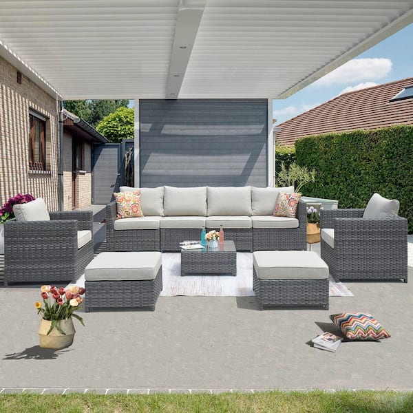 XIZZI Harper Gray 9-Piece Wicker Outdoor Sectional Set with Beige Cushions