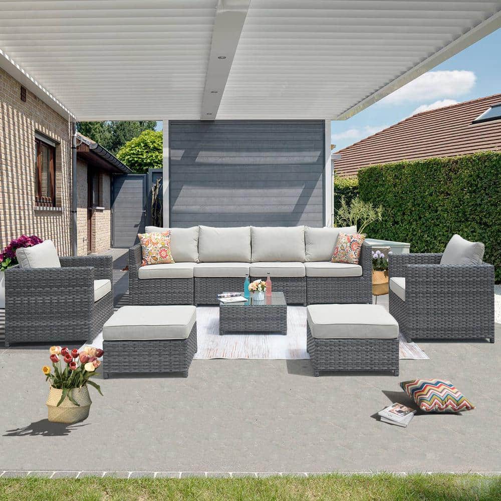 Ontario Lake Gray 9-Piece Wicker Outdoor Patio Conversation Seating Set with Beige Cushions price history on PriceWatchPro