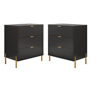 Modern Accent Black 3 Drawers 28 in. Wide Nightstand with Stylish Golden Metal Handle Set of 2