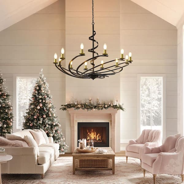 12-Light Black and Gold Spiral Shape Chandelier with E12 Bulb No Bulbs Included