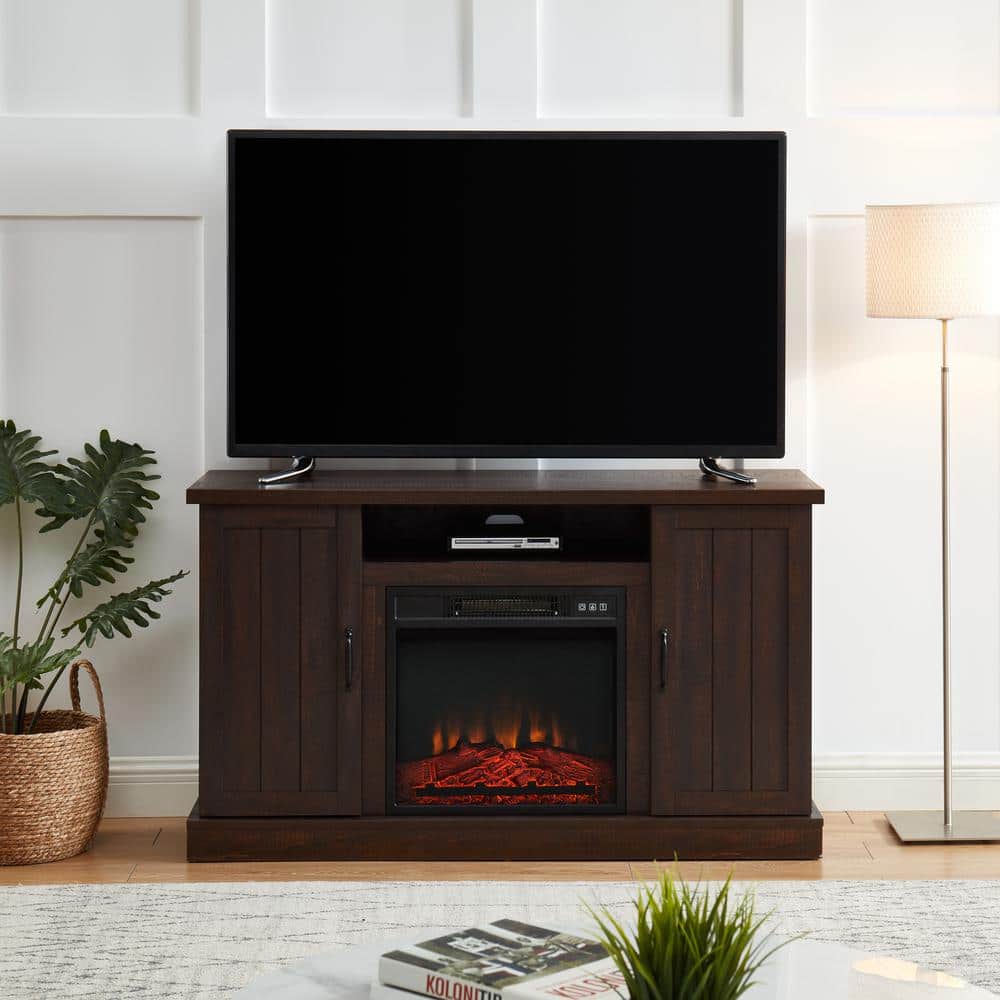 Brown 48 in. Freestanding Wooden Storage Electric Fireplace TV Stand Fits T
