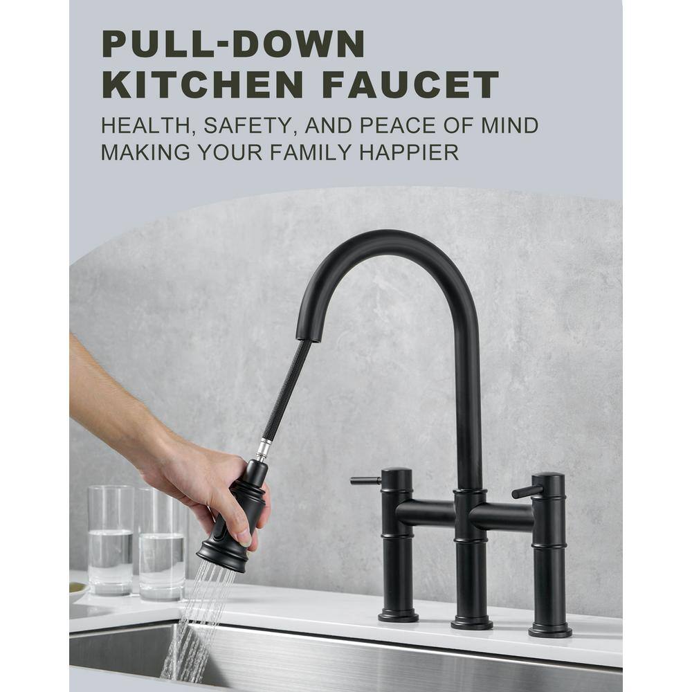 Matte Black Double Handle Bridge Kitchen Faucet with Pull-Out Spray