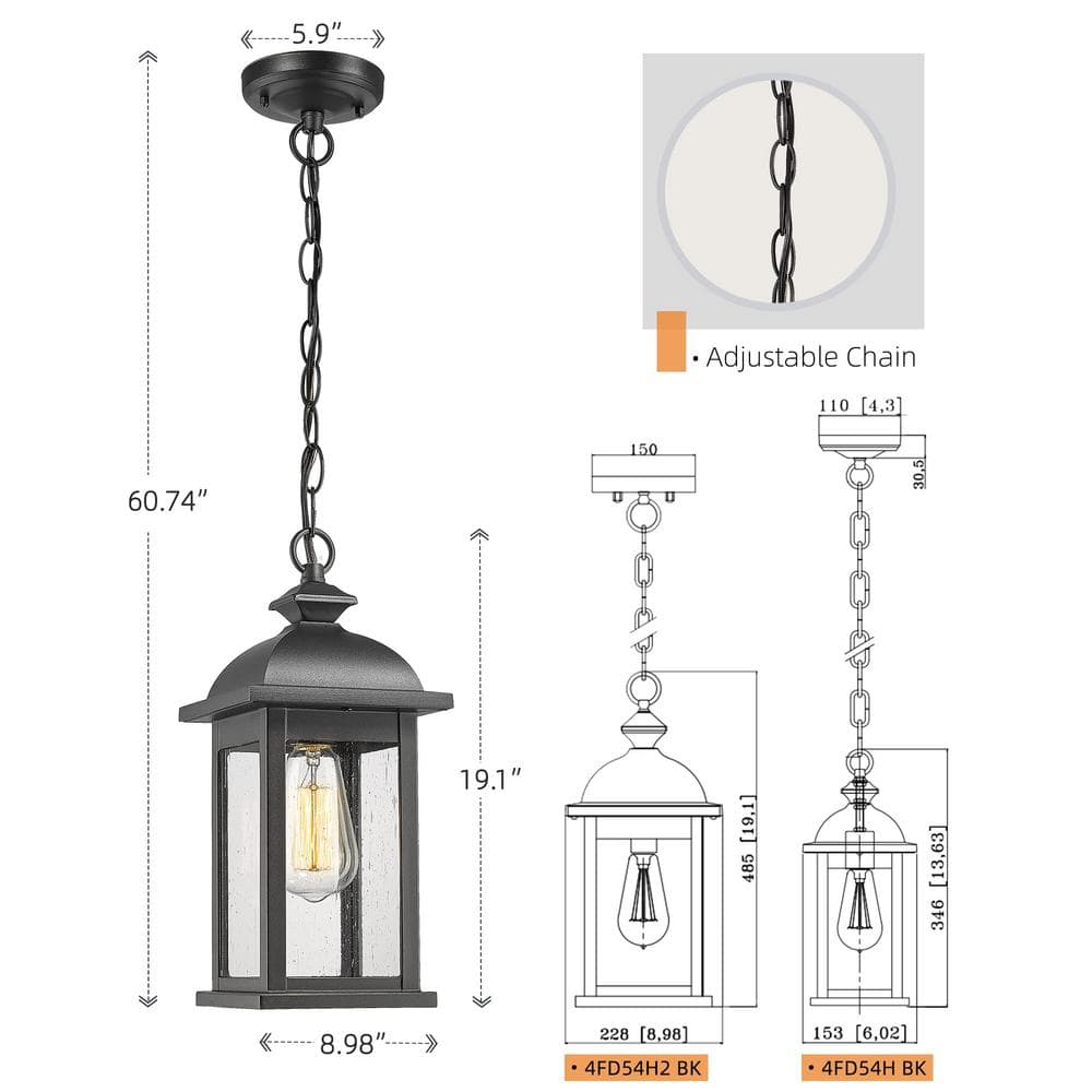 Matte Black Medium Outdoor Lantern Pendant with Seeded Glass