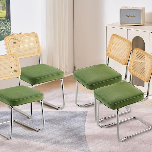 SKYSHALO Rattan Dining Chairs 4 set, Dining Chair, Upholstered Velvet Accent Chair with Rattan Back, Plastic Cushion Green