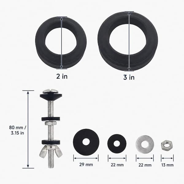 2-Piece Toilet Gasket Repair Kit with Dual Gaskets and Stainless Steel Bolt Hardware for Toilet Installation in Silver
