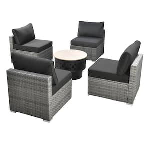 Solar 5-Piece Wicker Outdoor Patio Conversation Sofa Seating Set with a Wood-Burning Fire Pit and Black Cushions